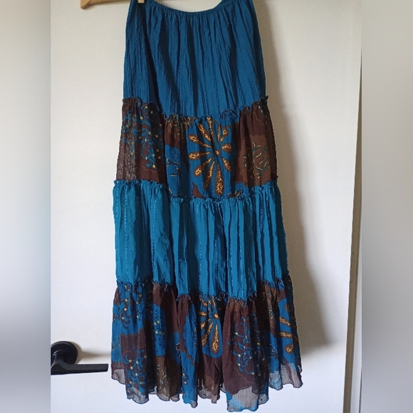 Boho Style Blue & Brown Ruffled Tiered Skirt - Picture 7 of 11